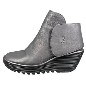 Fly London Yogi Pewter Leather Wedge Ankle Boots Womens 37 Made Portugal